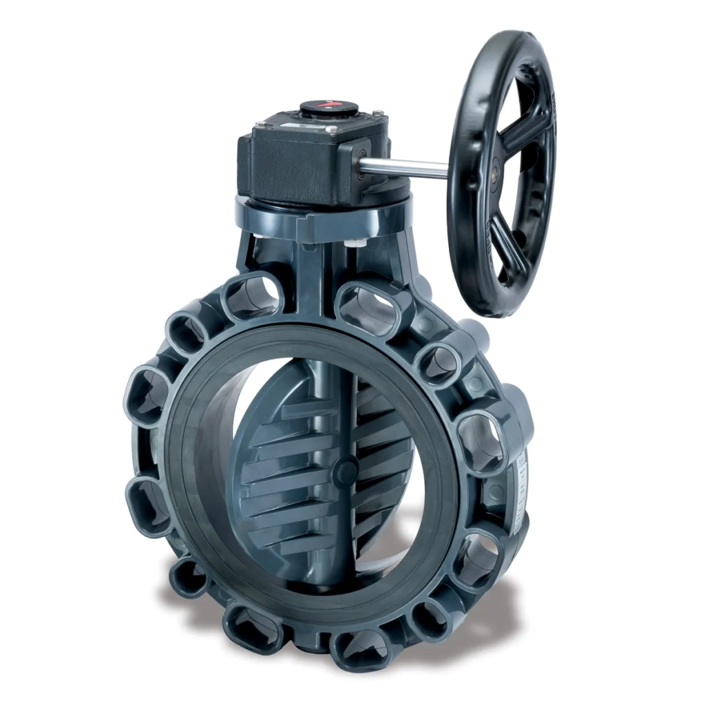 High performance butterfly valve with double offset design installed in industrial pipeline